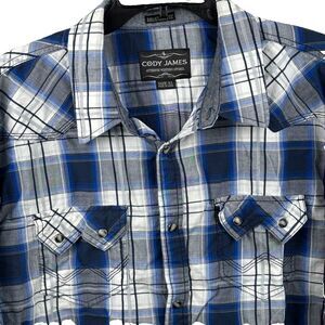 CODY JAMES Men’s XL Harvest Plaid Long sleeve snap western shirt blue white